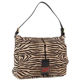 FENDI Zebra Pattern Mamma Baguette Bag Harako leather Beige Gold Auth am12114SAM Beige Golden
