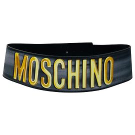 Ceinture large en cuir véritable peinte avec logo graphique noir / or Moschino Noir