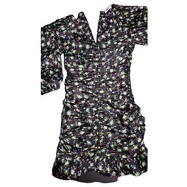Sandro schwarzes Kleid mit Blumenmuster und Raffung Schwarz Mehrfarben