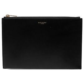 Saint Laurent Black Leather Zip Clutch Black