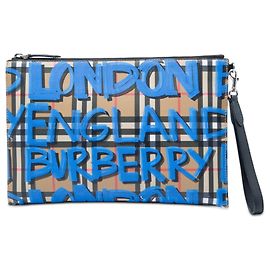 Pochette con zip Burberry Beige House Check Canvas Graffiti Beige