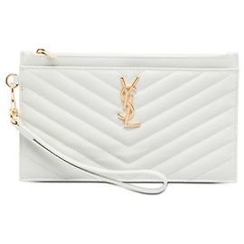 Pochette à billets Saint Laurent en cuir grain de poudre blanc avec monogramme chevron Blanc
