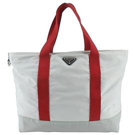 Prada Tessuto Nylon Triangle Logo Leather Tote Bag Red Blue