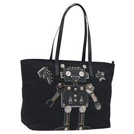 PRADA Robot Tote Bag Nylon Black Silver Auth SW2635M Black Silvery