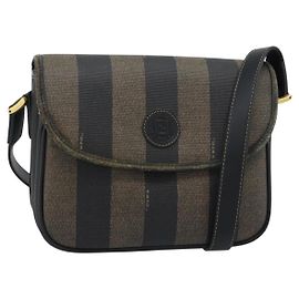 FENDI Pecan Canvas Shoulder Bag PVC Black Brown Auth 192256 Brown Black