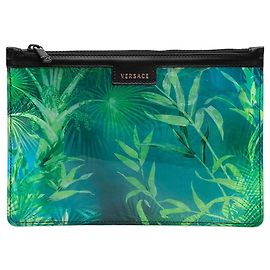 Clutch com zíper Versace em PVC verde com estampa jungle Verde