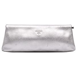 Prada Silver Metallic Saffiano Frame Clutch Silber