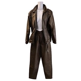 Autre Marque Brown Leather Jacket and Trousers Two-Piece Set Brown Khaki Taupe