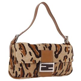 FENDI Leopard Mamma Baguette Bag Harako leather Beige Silver Auth am12111SM Silvery Beige