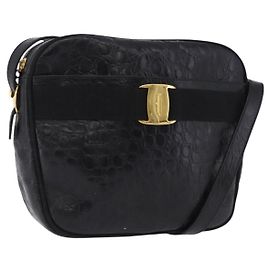 Borsa a Spalla Salvatore Ferragamo Vala in Pelle Goffrata Nera e Oro Auth ka5282 Nero D'oro