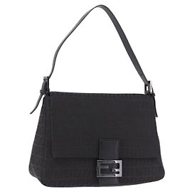 FENDI Zucchino Canvas Mamma Baguette Handtasche Schwarz Silber Auth BA14344 Schwarz Silber