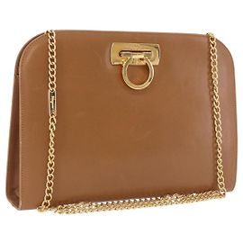 Bolsa de Ombro Salvatore Ferragamo Gancini Corrente de Couro Marrom Ouro Auth 191749 Marrom Outro