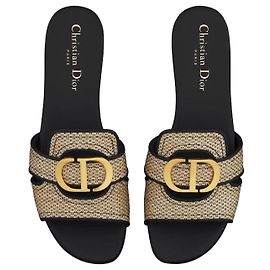 Dior 30 Montaigne Straw Slide Sandals 38 Black Beige Golden