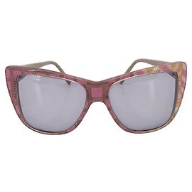 Autre Marque Okki Titter Cat Eye Sunglasses Pink & Yellow Plaid Fabric Laminate Grey