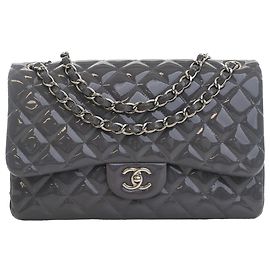 Chanel Gray Jumbo Classic Striped Patent Double Flap Marrom