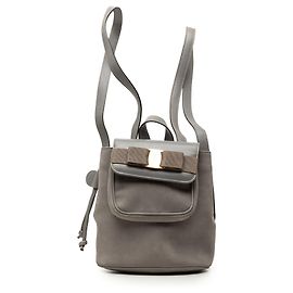 Salvatore Ferragamo Ferragamo Gray Suede Vara Bow Flap Drawstring Backpack Brown