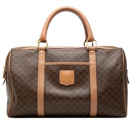 Céline Celine Brown Macadam Coated Canvas Boston Bag Brown