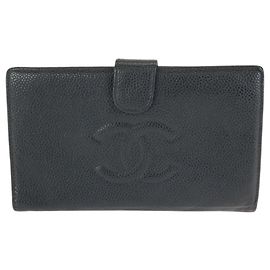 Chanel Vintage Coco Mark Black Caviar Leather Long Wallet Black