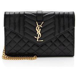 Saint Laurent Mixed Matelassé Grain de Poudre Monogram Chain Wallet Schwarz