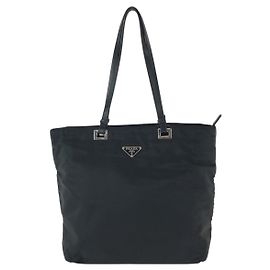 Prada Nylon Leder Tessuto Triangle Logo Tote Schwarz