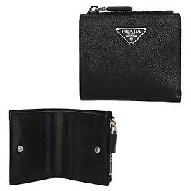 Prada Triangle Logo Saffiano Zipper Card Holder Black