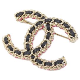 Spilla Chanel ABB478 Nera Rosa Oro Pelle Nero Rosa D'oro