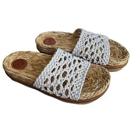 Chloé Raffia and Crochet Flat Sandals White Beige
