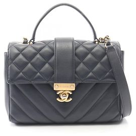 Chanel Matelassé V-stitch Top Handle 2-Way Shoulder Bag Navy blue