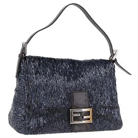 FENDI Mamma Baguette Shoulder Bag Beads Navy Silver Auth yk20696SAM Silvery Navy blue