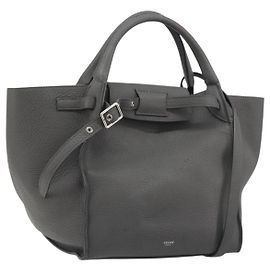 Céline CELINE Big Bag Small Hand Bag Couro 2way Cinza Prata Auth ep15408V Marrom Prata