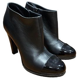 Chanel Black Leather Cap Toe Ankle Boots Black