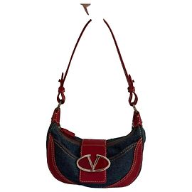 Borsa a spalla Valentino Garavani in denim e pelle rossa Rosso Blu