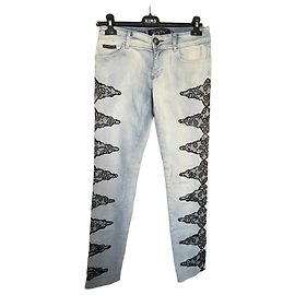 Jeans in denim azzurro chiaro da donna Philipp Plein con inserti in pizzo nero