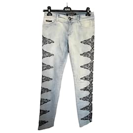 Philipp Plein Women's Light Blue Denim Jeans with Black Lace Insets