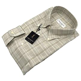 Yves Saint Laurent Chemise à carreaux texturée vintage beige et taupe pour homme 41/16 Bordeaux