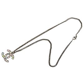 Chanel Silber CC Messing Strass Anhänger Halskette Silber