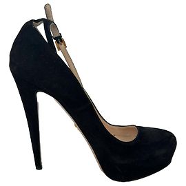Prada Ankle Strap Platform Pumps in Black Suede Black