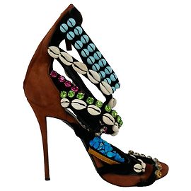 Giuseppe Zanotti Seashell, Rhinestone and Bead Embellished Sandals in Brown Suede Brown