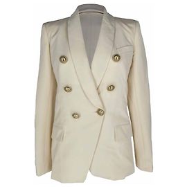 Balmain Double-Breasted Fray-Trimmed Blazer in Ivory Wool White Cream