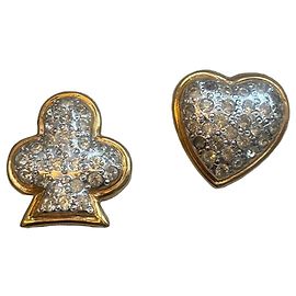 Yves Saint Laurent Par de broches de coração e trevo em metal dourado e strass Prata Dourado