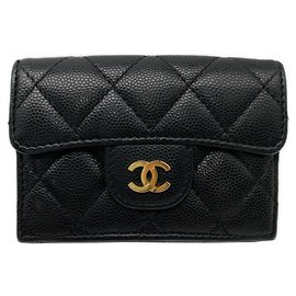 Chanel Black Grained Calfskin Tri-Fold Wallet Black