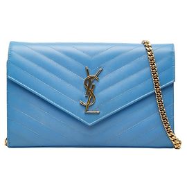 Saint Laurent Cassandra Envelope Chain Wallet Shoulder Bag Blue Golden