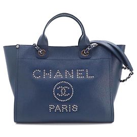Chanel Deauville Navy Leather Tote Bag Navy blue