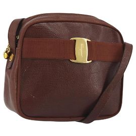 Bolsa de Ombro Salvatore Ferragamo em Couro com Relevo Marrom e Ouro Auth 194054 Marrom Dourado
