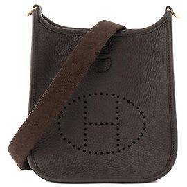 HERMÈS - Borsa a tracolla Evelyne 16 mini Hermès in pelle Clemence marrone ebano Marrone