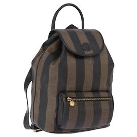FENDI Pecan Canvas Backpack PVC Black Brown Auth kk700 Brown Black