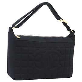 CHANEL Choco Bar Hand Bag Cotton Black Gold CC Auth 194003A Nero D'oro