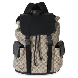 Mochila Gucci Beige Black GG Supreme Canvas Double Buckle Marrom