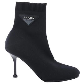 BOTAS MEIA de couro e tecido com logotipo Triangle Prada, Preto, Tamanho EU 38 Preto