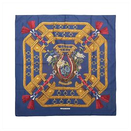 Lenço de seda Hermès Carré 90 "AUX CHAMPS" em Azul Marinho Azul marinho